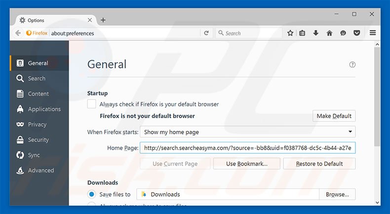 Removing search.searcheasyma.com from Mozilla Firefox homepage