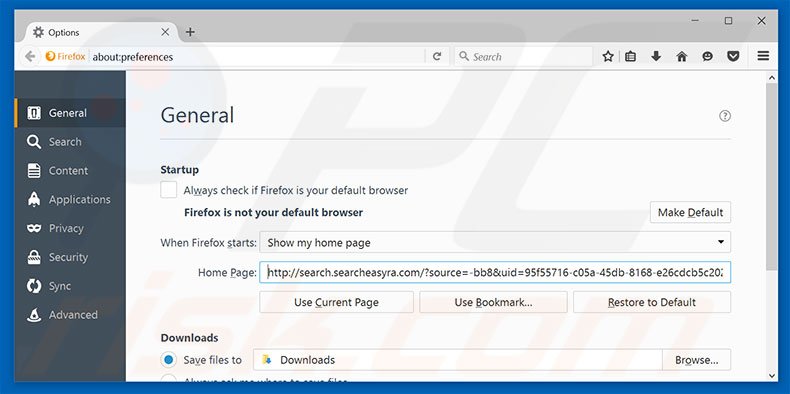 Removing search.searcheasyra.com from Mozilla Firefox homepage