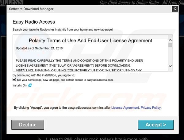 Official Easy Radio Access browser hijacker installation setup