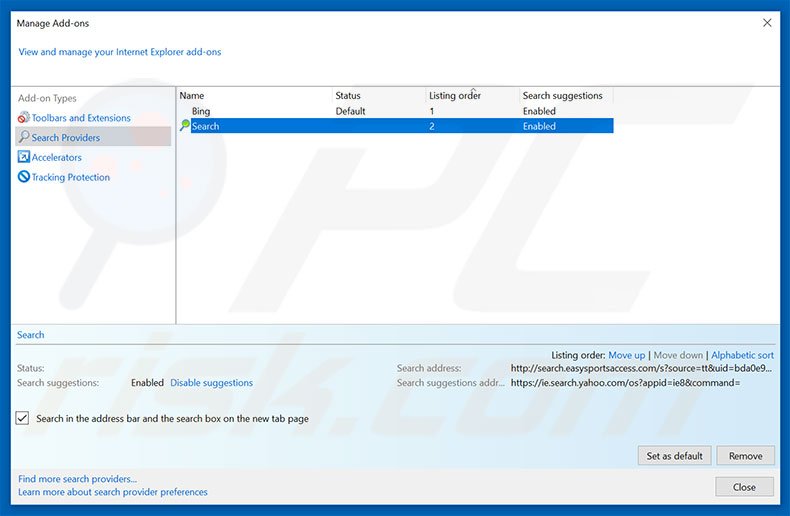 Removing search.searcheasysa.com from Internet Explorer default search engine