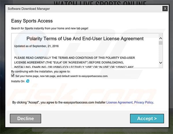 Official Easy Sports Access browser hijacker installation setup