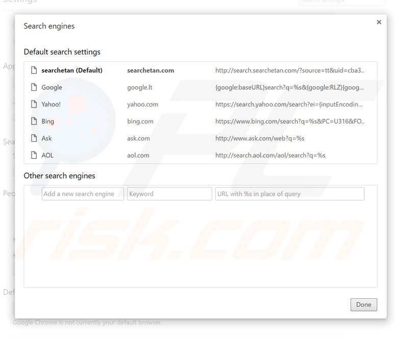 Removing search.searchetan.com from Google Chrome default search engine