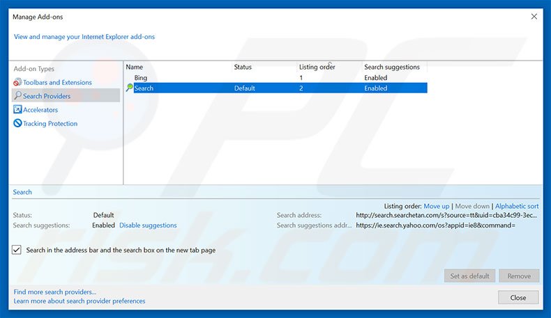 Removing search.searchetan.com from Internet Explorer default search engine