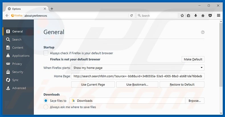 Removing search.searchfdm.com from Mozilla Firefox homepage