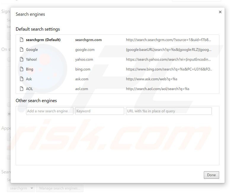 Removing search.searchgrm.com from Google Chrome default search engine