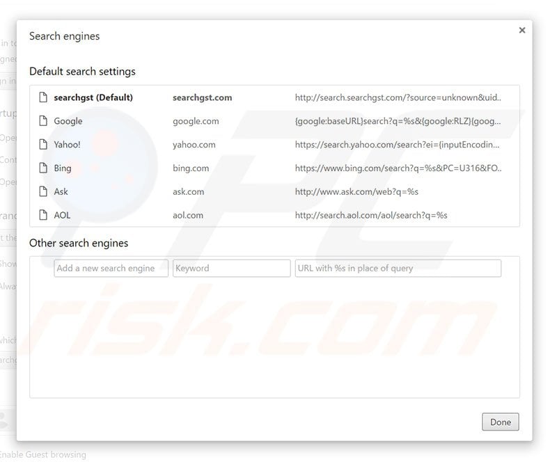 Removing search.searchgst.com from Google Chrome default search engine