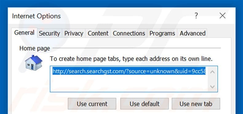 Removing search.searchgst.com from Internet Explorer homepage