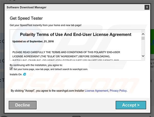 Official Get Speed Tester browser hijacker installation setup