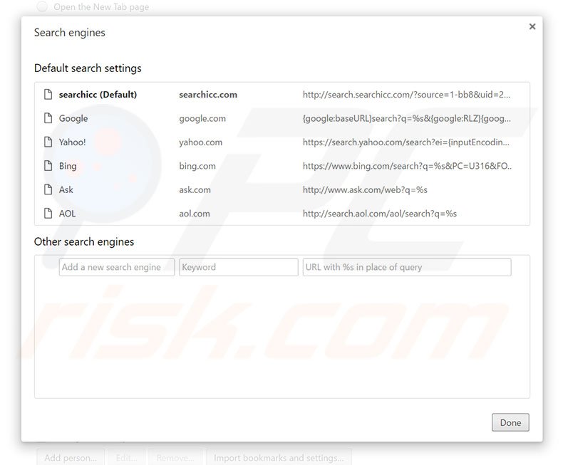 Removing search.searchicc.com from Google Chrome default search engine