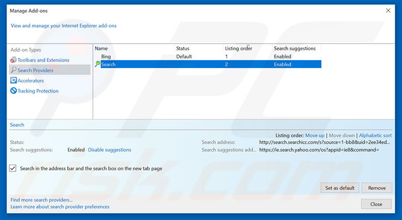 Removing search.searchicc.com from Internet Explorer default search engine