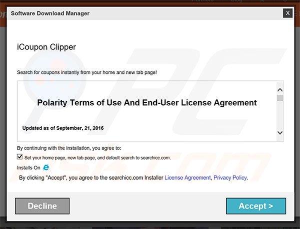 Official iCoupon Clipper browser hijacker installation setup