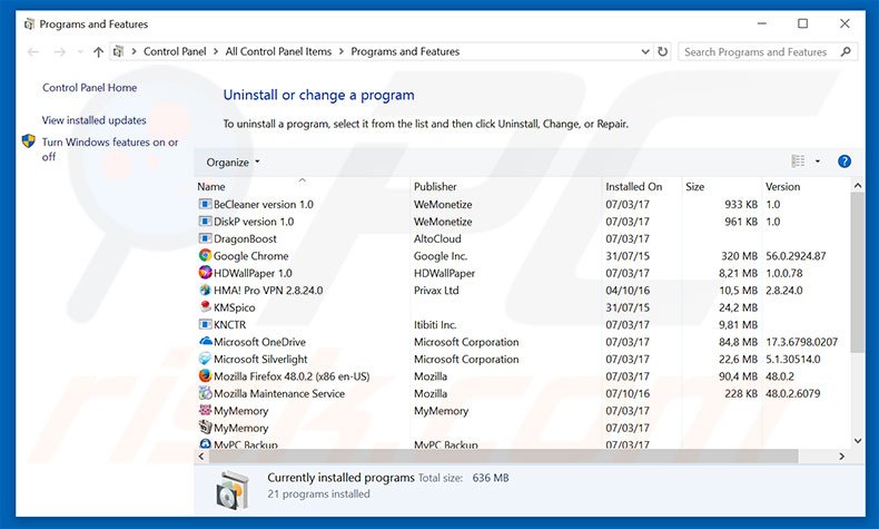 search.searchicc.com browser hijacker uninstall via Control Panel