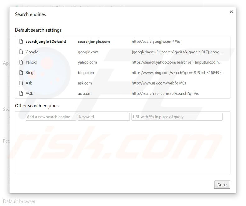 Removing searchjungle.com from Google Chrome default search engine