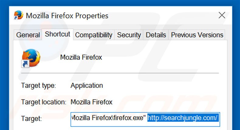 Removing searchjungle.com from Mozilla Firefox shortcut target step 2