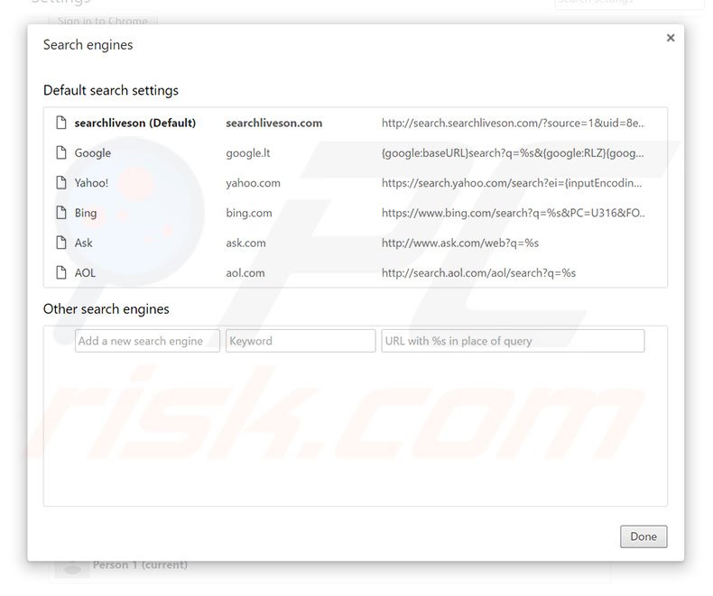 Removing search.searchliveson.com from Google Chrome default search engine