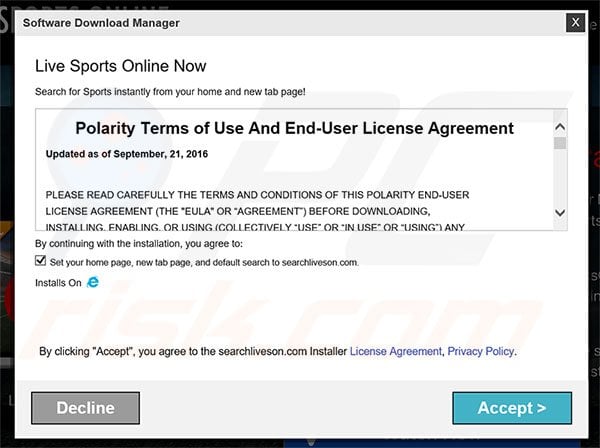 Official Live Sports Online Now browser hijacker installation setup