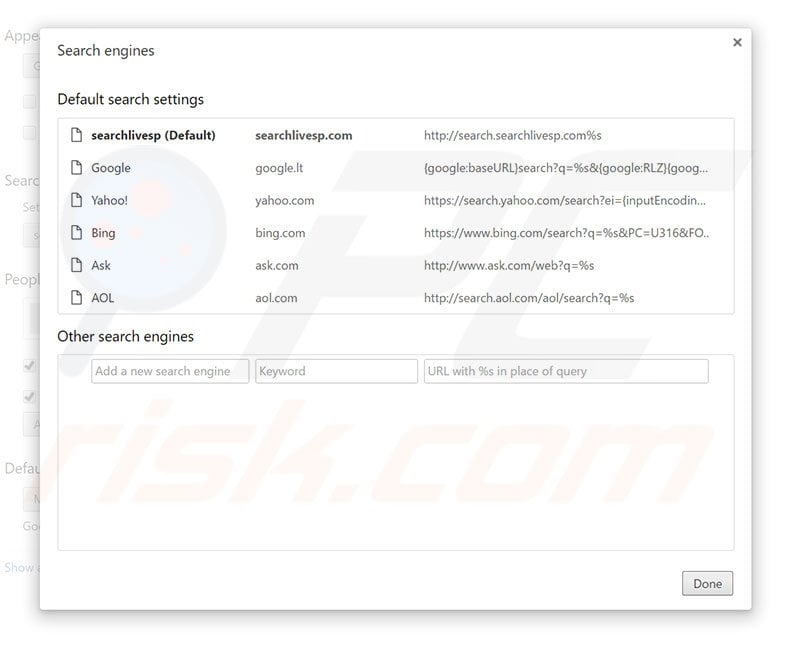 Removing search.searchlivesp.com from Google Chrome default search engine