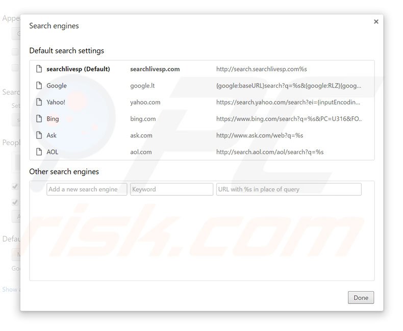 Removing search.searchlivesp.com from Google Chrome default search engine