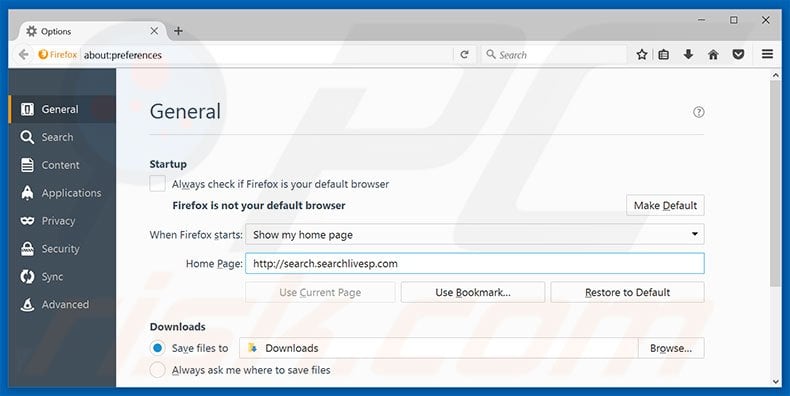 Removing search.searchlivesp.com from Mozilla Firefox homepage