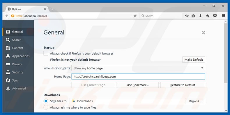 Removing search.searchlivesp.com from Mozilla Firefox homepage