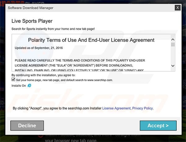 Official Live Sports Player browser hijacker installation setup