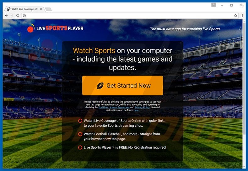 Website used to promote Live Sports Player browser hijacker
