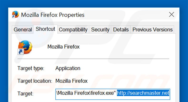 Removing searchmaster.net from Mozilla Firefox shortcut target step 2