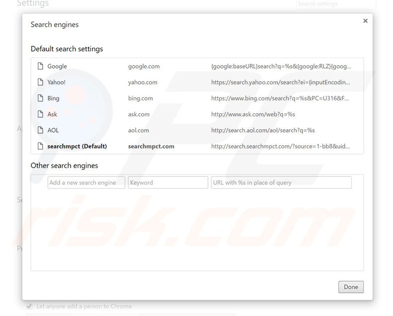 Removing search.searchmpct.com from Google Chrome default search engine
