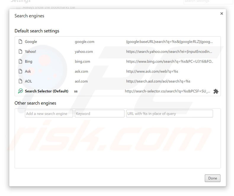 Removing search-selector.co from Google Chrome default search engine