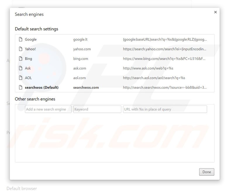 Removing search.searchwos.com from Google Chrome default search engine