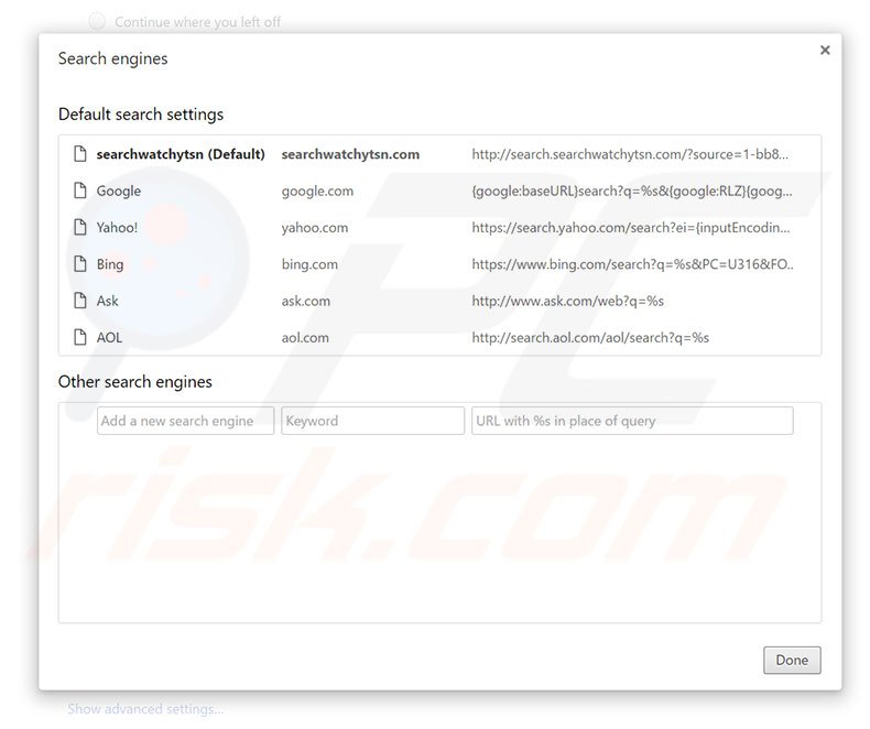 Removing search.searchwatchytsn.com from Google Chrome default search engine