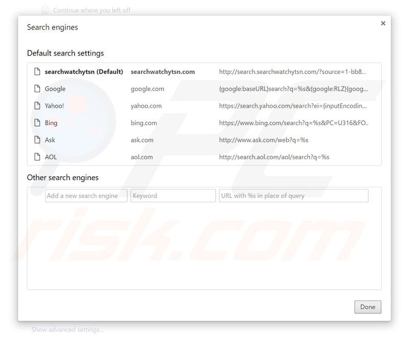 Removing search.searchwatchytsn.com from Google Chrome default search engine