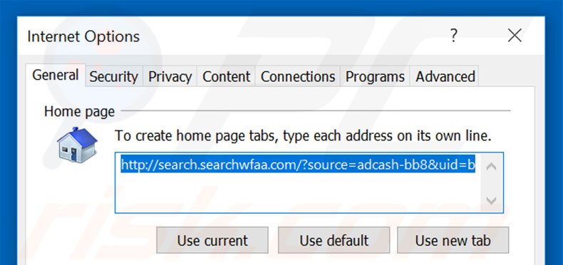 Removing search.searchwfaa.com from Internet Explorer homepage