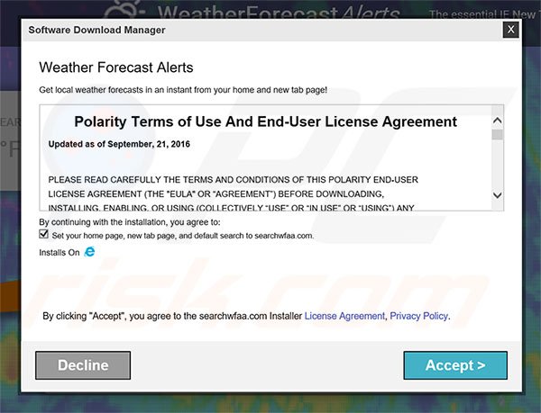 Official Weather Forecast Alerts browser hijacker installation setup