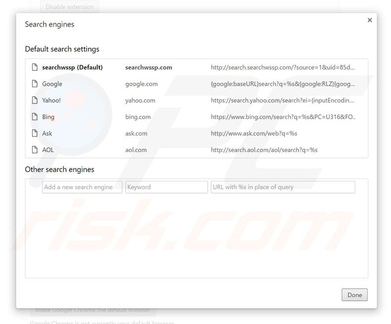 Removing search.searchwssp.com from Google Chrome default search engine