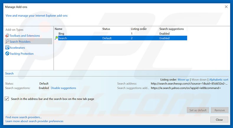 Removing search.searchwssp.com from Internet Explorer default search engine