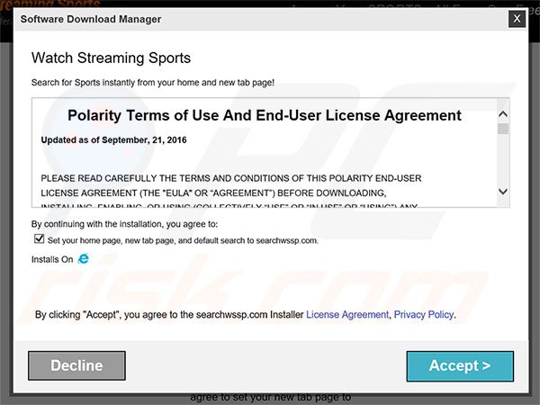 Official Watch Streaming Sports browser hijacker installation setup