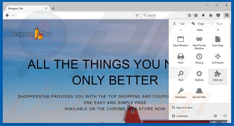 Removing Shoppers Tab ads from Mozilla Firefox step 1