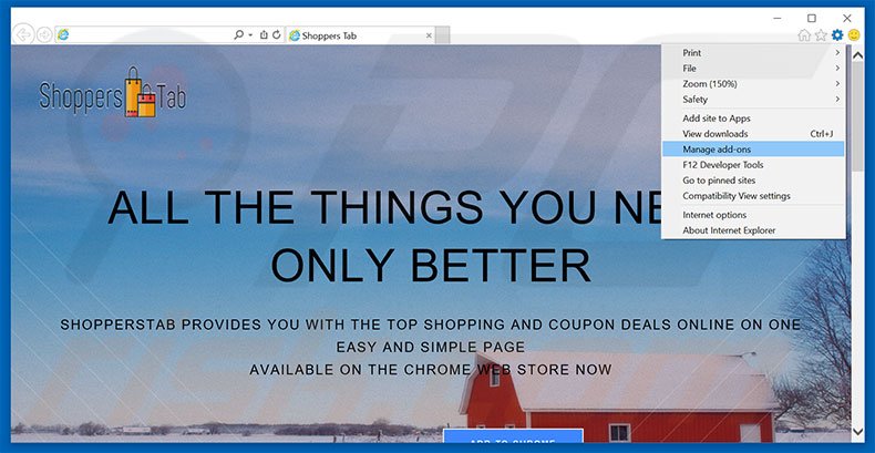 Removing Shoppers Tab ads from Internet Explorer step 1
