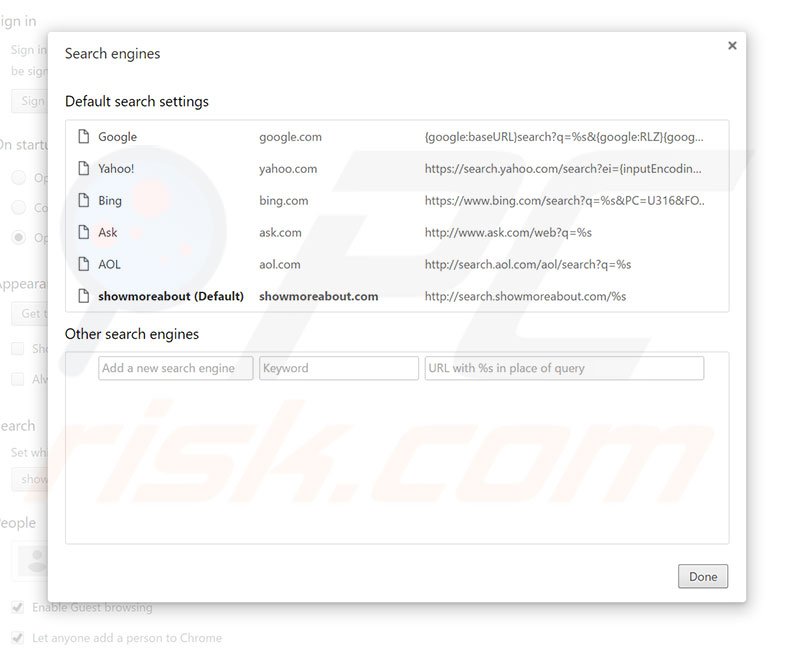 Removing search.showmoreabout.com from Google Chrome default search engine