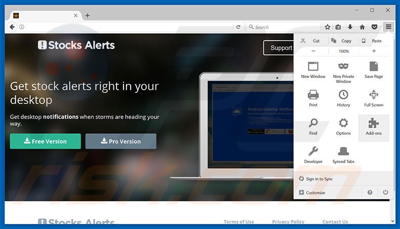 Removing Stock Alerts ads from Mozilla Firefox step 1