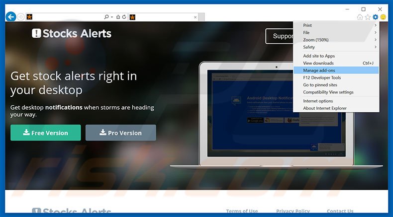 Removing Stock Alerts ads from Internet Explorer step 1