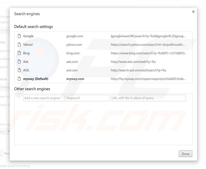 Removing hp.myway.com from Google Chrome default search engine