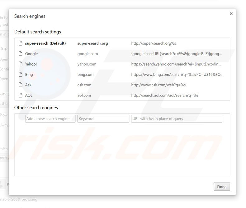 Removing super-search.com from Google Chrome default search engine