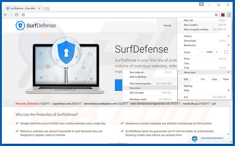 Removing SurfDefense  ads from Google Chrome step 1