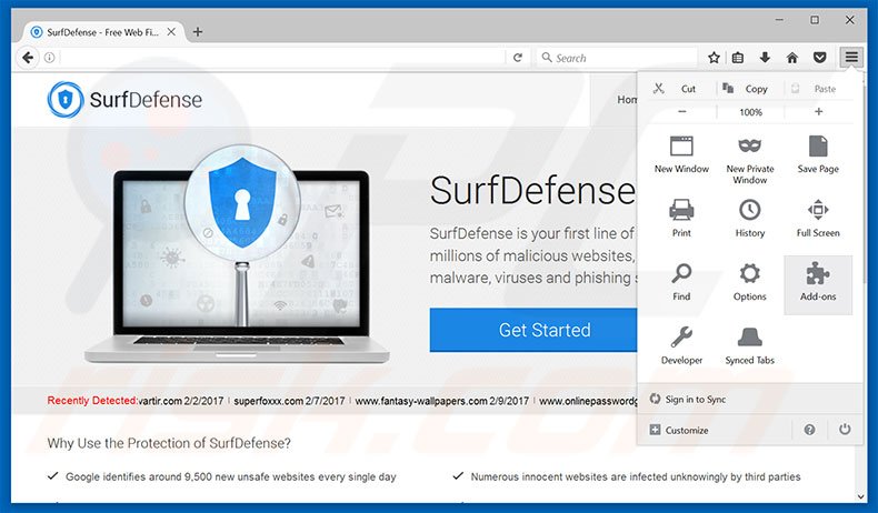 Removing SurfDefense ads from Mozilla Firefox step 1