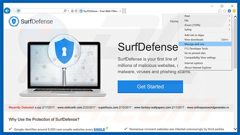 Removing SurfDefense ads from Internet Explorer step 1