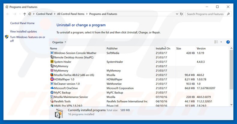 System notification! adware uninstall via Control Panel