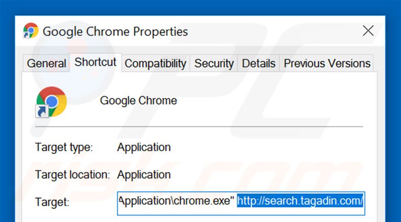 Removing search.tagadin.com from Google Chrome shortcut target step 2