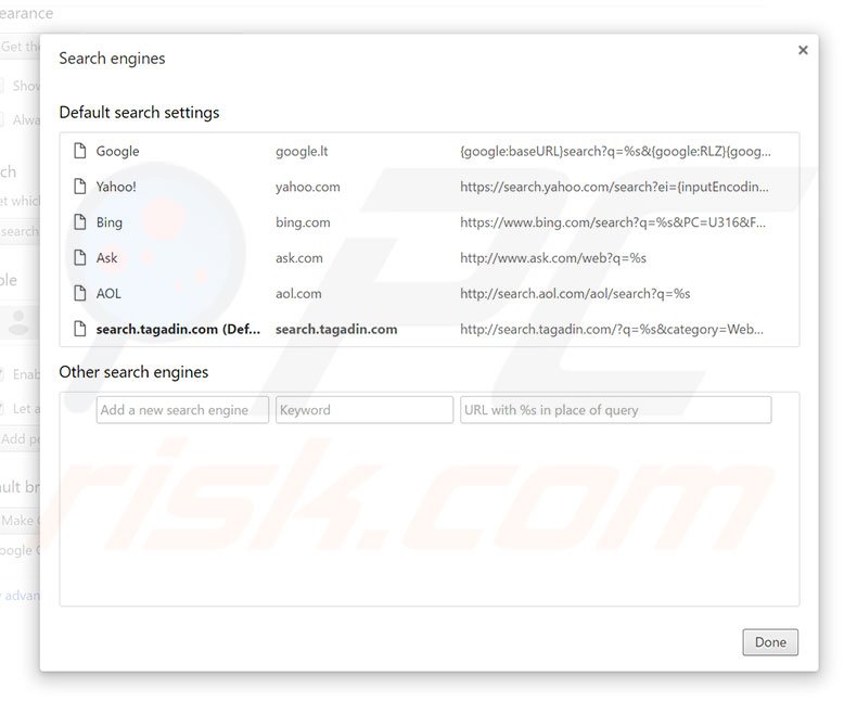 Removing search.tagadin.com from Google Chrome default search engine